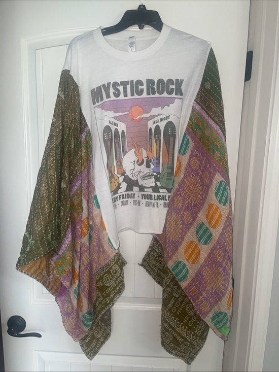 None Tops - KANTHA Upcycled Poncho Boho T-Shirt Large / Fits Most  Pub Hippie Wear Skeleton